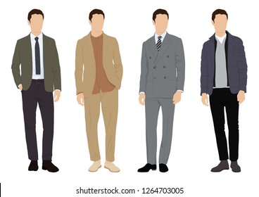 Vector of young men in various suit, formal mix casual style.Group of men standing in white background, flat style vector illustration