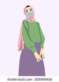 
vector young muslim girl, in casual style wearing long purple skirt, gray health mask, light green t-shirt with dark green silhouette and pink head scarft