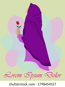 Vector Young muslim wearing hijab holding red rose. Elegant cartoon vector illustration. happy romantic muslim love greeting vector. fashionable Arab or middle eastern young girl. married woman hijab