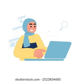 Vector of young muslim worker woman use laptop to research
