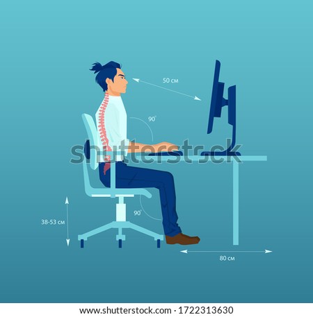 Vector of an young office worker with correct sitting posture ergonomics at desk while working on a computer 