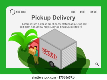 Vector a young people courier delivery express , isometric box truck distribution concept processing service fast delivery, isolated sign template
