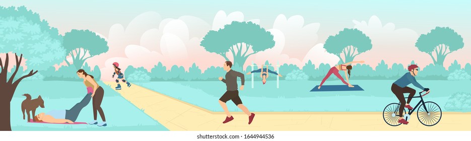 Vector of young people exercising outdoors in the city park, running, cycling and practicing yoga