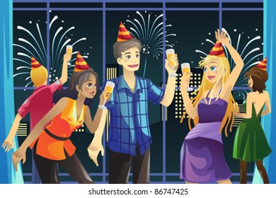 A vector of young people having New Year's celebration party