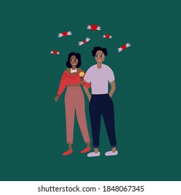 In the vector young people in love. The couple's date is on February 14. Illustration of lovers drawn by hand in the flat style on a dark background. A guy and a girl in a circle with hearts on