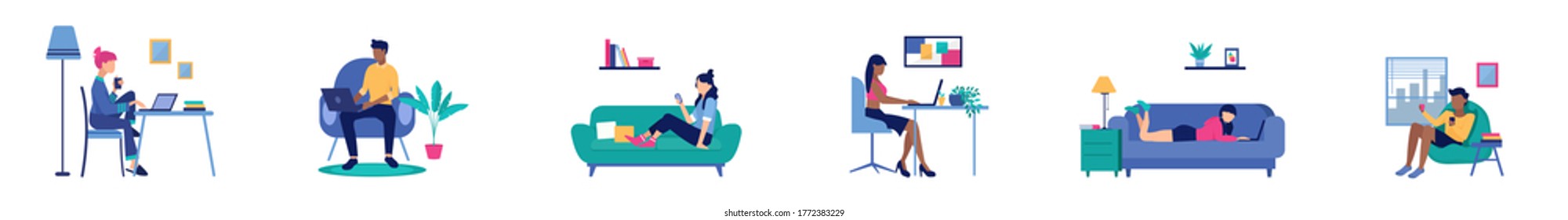 Vector of young people, men and women working on laptops and computers at home. People at home in quarantine.