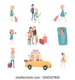 Vector young people on vacation with suitcases, studying the map of the area, photographed and having a rest