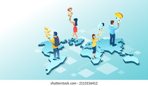 Vector of young people worldwide using mobile phones and social media apps 