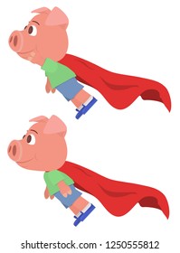 vector young pig flying in a super costume,  isolated on white background. flat style cartoon