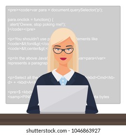 Vector young pretty beautiful blond lady black programmer sitting at the desktop and working on the laptop with code. Professional female woman character coding.