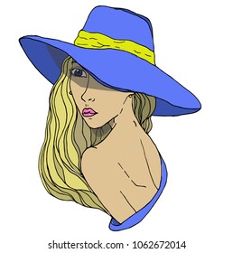 Vector young pretty girl with doodle hairs wearing blue hat. Fashion illustration. Cartoon style girl.