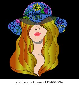 Vector young pretty girl with doodle  golden hairs wearing blue hat. Fashion illustration.