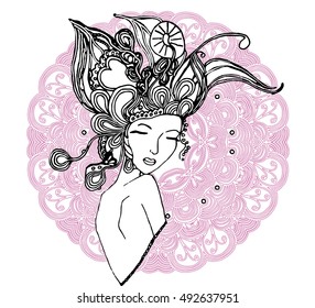 Vector young pretty girl with doodle hairs. Woman's face. Can be used as adult coloring book, coloring pages, card, invitation.