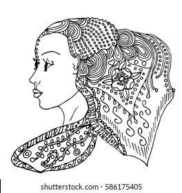 Vector young pretty girl with doodle hairs. Woman's face in profile. Can be used as adult coloring book, coloring pages, card, invitation. 