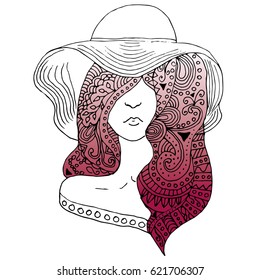 Vector young pretty girl with doodle  pink hairs wearing hat. Fashion illustration. Uncolored image can be used as adult coloring book, coloring page, invitation, greeting card.