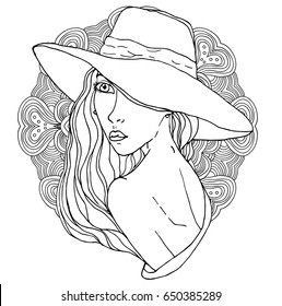 Vector young pretty girl with doodle hairs wearing hat. Fashion illustration. Uncolored image can be used as adult coloring book, coloring page, invitation, greeting card.
