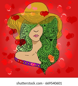 Vector young pretty girl with doodle  green hairs wearing hat on festive background with hearts. Fashion illustration.