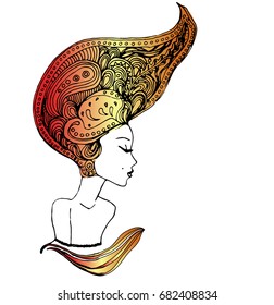 Vector young pretty girl with doodle hairs. Woman's face in profile. Can be used as adult coloring book, coloring pages, card, invitation. 
