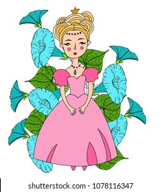 Vector young princess in ball dress in cartoon style on floral background. Can be used as coloring book. Little girl with flowers.