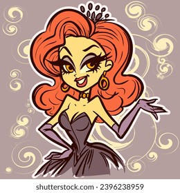 Vector of a young princess with big anime eyes wearing a dress, a tiara and earrings. Beautiful queen posing