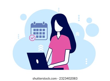 Vector of a young professional woman using laptop computer making plans 