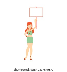 Vector young redhead woman holding blank placard with happy facial expression. Female character protest in support for politics. Feminist on strike, fight for feminism concept