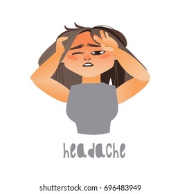 Vector young sick girl suffering from headache, keeping her forehead. Flat isolated illustration on a white background. Illness and disease symptoms concept