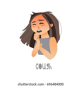 Vector young sick girl suffering from cough. Flat isolated illustration on a white background. Illness and disease symptoms concept