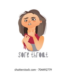 Vector young sick girl suffering from sore throat, keeping her neck wearing scarf. Flat isolated illustration on a white background. Illness and disease symptoms concept
