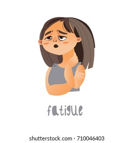 Vector young sick girl suffering from fatigue. Flat isolated illustration on a white background. Illness and disease symptoms concept