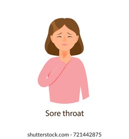 Vector young sick girl suffering from sore throat, holding on her neck. Flat isolated illustration on a white background. Illness and disease symptoms concept