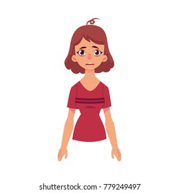 Vector young sick girl suffering from insomnia, standing with bruises under the eyes. Flat isolated illustration on a white background. Illness and disease symptoms concept