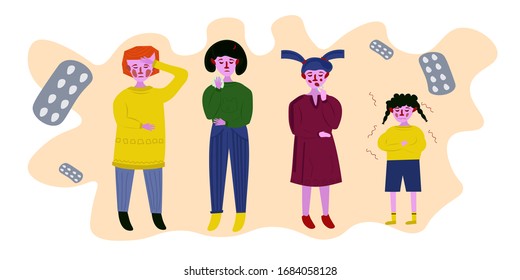 Vector young sick girls set suffering from various symptoms of the disease fever, sore throat, fatigue, cough, runny nose. Flat isolated illustration on white background. Disease symptoms concept
