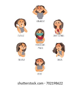 Vector young sick girls set suffering from different disease symptoms fever, sore throat headache, fatigue, cough rhinitis. Flat isolated illustration on a white background. Illness symptoms concept