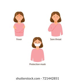 Vector young sick girls set suffering from different disease symptoms fever, sore throat. One girl wears protection mask. Flat isolated illustration on a white background. Illness concept