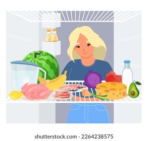 Vector young slim woman looking inside opened refrigerator searching for healthy snack cartoon illustration. Problem of excess weight and healthcare