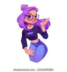 Vector young smile girl face avatar illustration. Female hipster character portrait isolated with excited pose and emotion. Show gesture icon of lady with purple bun hairstyle on white background.