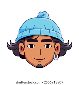 Vector Young Smiling Man Avatar Wool Hat Cartoon Illustration Isolated