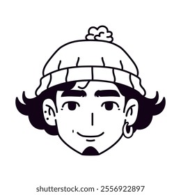 Vector Young Smiling Man Avatar Wool Hat Cartoon Illustration Isolated