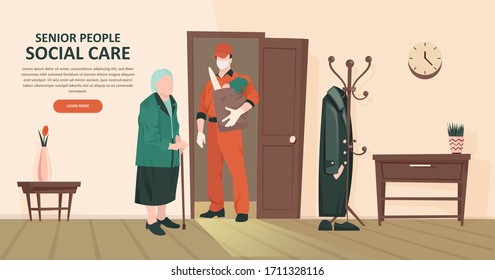 Vector of a young social worker delivering groceries to an elderly woman