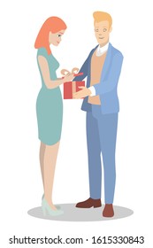 Vector with a young white guy who gives a gift to a girl. Ideal for advertising holidays and Valentine's Day.