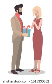 Vector with a young white guy who gives a gift to a girl. Ideal for advertising holidays and Valentine's Day.