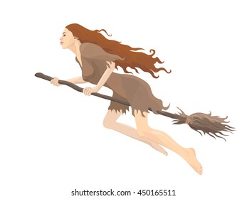 Vector young witch on a broomstick flying isolated on white background