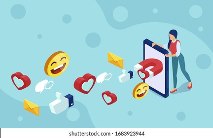 Vector of a young woman attracting positive feedback with a social media smartphone magnet.