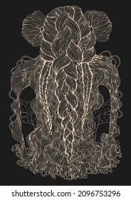 Vector of a young woman back with long, wavy hair. Hairstyle view with three braided pigtails decorated with two large lilies. Pattern illustration Design card, print t-shirt. Light yellow on brown 