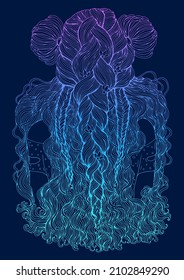 Vector of a young woman back with long, wavy hair. Hairstyle view with three braided pigtails decorated with two large lilies. Pattern ornamental Design card, print t-shirt. Colorful neon luminous 