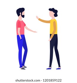 Vector young woman and bearded man in casual clothing talking to each other gesticulating d. Friends or colleagues and social communication. Flat illustration