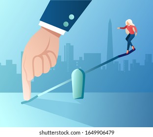 Vector of a young woman being tilted up by a big businessman 