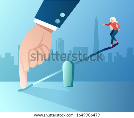 Vector of a young woman being tilted up by a big businessman 