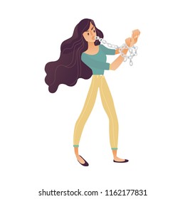 Vector young woman in casual clothing and long brunette hair standing trying to break chains by her teeth biting. Chained angry female character trying to break free. Cartoon isolated illustration